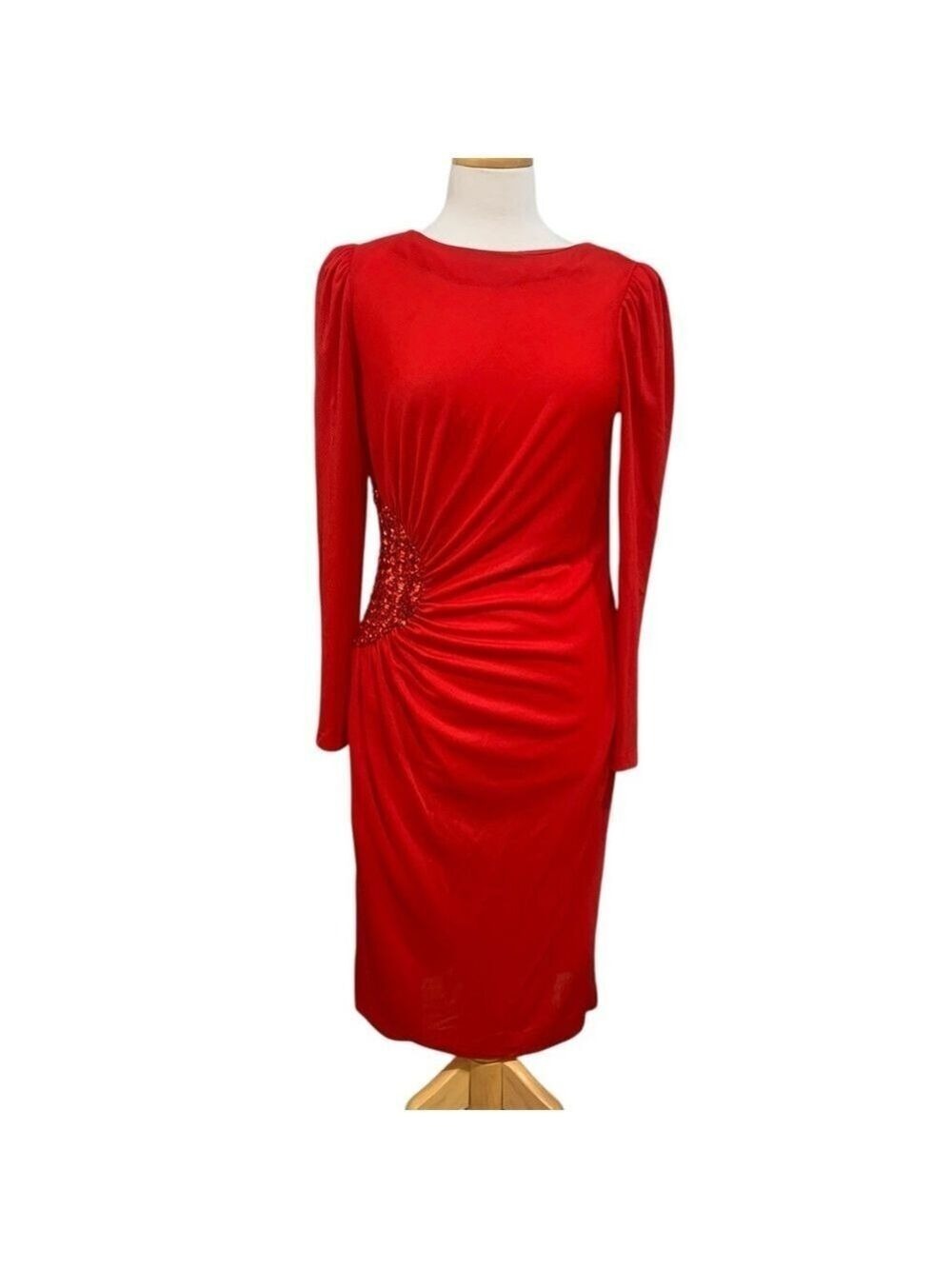 Vntg 70’s JC Penny long sleeved red midi dress with sequins & ruching sz 11/12